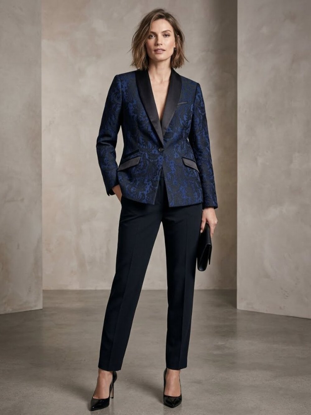 Chico's Black Label Blue Black Floral Jacquard Tuxedo Blazer Jacket Satin 2 L